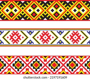 Vector colored seamless Ukrainian national ornament, embroidery. Endless ethnic floral border, Slavic peoples frame. Red cross stitch.