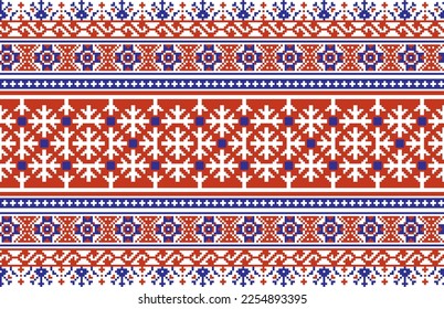 Vector colored seamless Ukrainian national ornament, embroidery. Endless ethnic floral border, Slavic peoples frame. Red cross stitch.