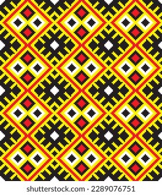 Vector colored seamless Ukrainian national ornament, embroidery. Endless ethnic floral border, Slavic peoples frame. Red cross stitch.