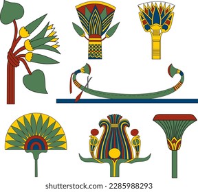 Vector colored set of ancient Egyptian signs and symbols. Lotus flower.
