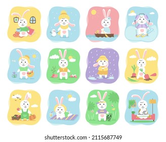 Vector colored set of cute rabbits. Bunny does different things in different weather and different seasons. Cartoon flat illustration isolated on white background