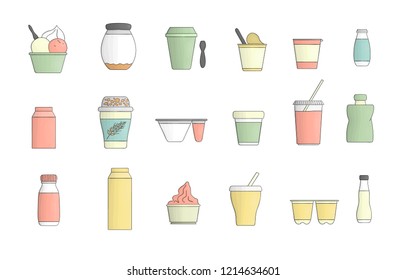 Vector colored set of different kinds of yoghurt. Hand drawn set of organic fresh dairy products isolated on white background. Natural food collection