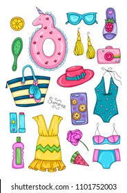 Vector colored set  icons, signs summer fashion beachwear and accessories. Collection Summer elements for summer holiday and party. Set collection for design. Coloring page Isolated on white back