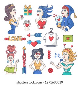 Vector colored set with isolated stickers on the theme of love. Symbols of Valentine's Day