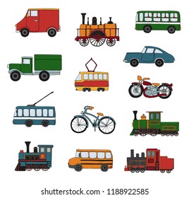 Vector colored set of retro engines and transport. Vector illustration of vintage trains, bus, tram, trolleybus, car, bicycle, bike, van, truck isolated on white background. Cartoon style illustration