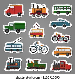 Vector colored set of retro engines and transport stickers. Vector illustration of vintage trains, bus, tram, trolleybus, car, bicycle, bike, van, truck. Illustration of old means of transport