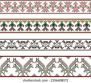 Vector colored set of seamless Indian borders. Endless native american, aztec, maya, inca ornament. Cross stitch template.
