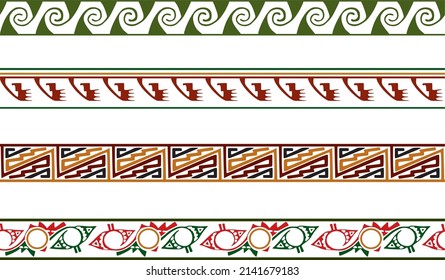 Vector colored set of seamless ornaments of Native Americans, Aztecs. Borders of the tribes of South and Central America.
