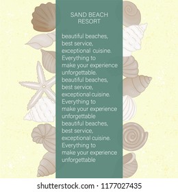 Vector colored set of seashells on yellow sand like textured background. Sand beach resort banner. Colorful marine poster template