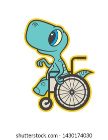 Vector colored sign sticker, baby dinosaur seat on wheelchair. Isolated on white background.