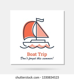 Vector colored simple company logo example - Boat Trip - sailing under the red sails. Linear flat design on white background