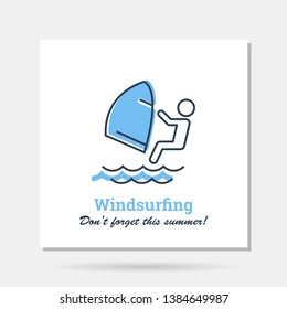 Vector colored simple company logo example - windsurfing icon, linear and blue on white background
