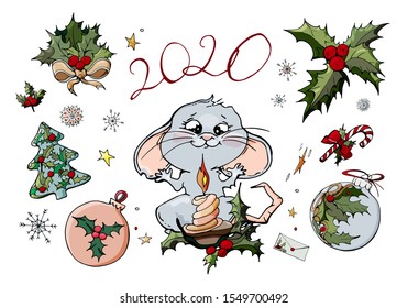 Vector colored sketch of Christmas objects, funny rat with a candle, green holly, balls, snowflakes, stars. Set of New year elements isolated on white. Hand-drawn design elements. Handwriting 2020.