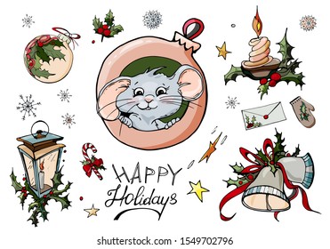 Vector colored sketch of Christmas objects, green holly, snowflakes, rat, ball, letter, stars, bells. Set of New year elements isolated on white. Hand-drawn design elements. Handwriting Happy Holidays