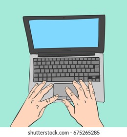 Vector colored sketch of hands working at laptop top view isolated, Hand drawn illustration