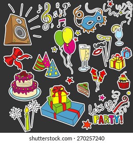 Vector colored sketch party objects hand-drawn with colorful elements of birthday party