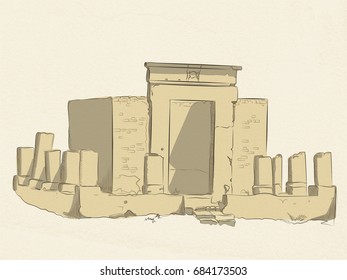 vector colored sketch of the ruins of a Christian sanctuary in the temple of Amun-RA in Luxor. Egypt. on old paper background.