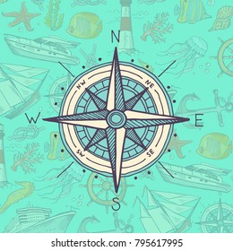 Vector colored and sketched compass on sea elements background illustration