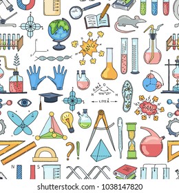 Vector colored sketched science or chemistry elements pattern or background illustration