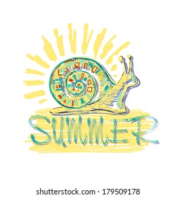 Vector colored snail on sunburst background