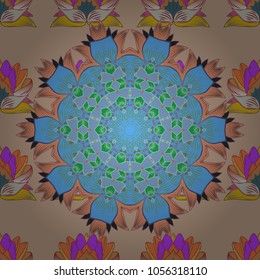 Vector colored snowflakes design decorative Christmas element on a beige, blue, orange, green and violet colors.