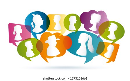Vector colored Speech bubble. Communication between people. Crowd talking. Group of people talking. Profile silhouette