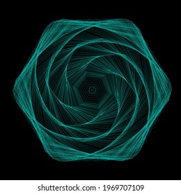 Vector colored spiral. Distorted abstract lines, wireframe tunnel. Spiral hexagon. Radial sound wave. Geometric pattern. Swirl lines and waves banner. Geometric line art. Vector illustration.