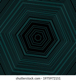 Vector colored spiral. Distorted abstract lines, wireframe tunnel. Spiral hexagon. Radial sound wave. Geometric pattern. Swirl lines and waves banner. Geometric line art. Vector illustration.