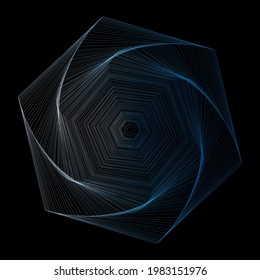 Vector colored spiral. Distorted abstract lines, wireframe tunnel. Spiral hexagon. Radial sound wave. Geometric pattern. Swirl lines and waves banner. Geometric line art. Vector illustration.