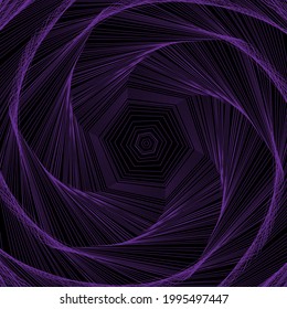 Vector colored spiral. Distorted abstract lines, wireframe tunnel. Spiral hexagon. Radial sound wave. Geometric pattern. Swirl lines and waves banner. Geometric line art. Vector illustration.