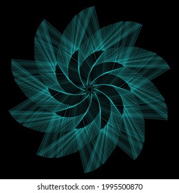 Vector colored spiral. Distorted abstract lines, wireframe tunnel. Spiral propeller. Radial sound wave. Geometric pattern. Swirl lines and waves banner. Geometric line art. Vector illustration.