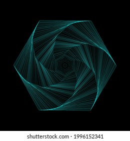 Vector colored spiral. Distorted abstract lines, wireframe tunnel. Spiral hexagon. Radial sound wave. Geometric pattern. Swirl lines and waves banner. Geometric line art. Vector illustration.