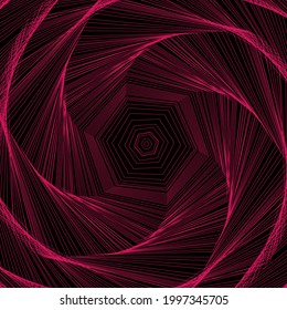 Vector colored spiral. Distorted abstract lines, wireframe tunnel. Spiral hexagon. Radial sound wave. Geometric pattern. Swirl lines and waves banner. Geometric line art. Vector illustration.