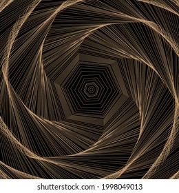 Vector colored spiral. Distorted abstract lines, wireframe tunnel. Spiral hexagon. Radial sound wave. Geometric pattern. Swirl lines and waves banner. Geometric line art. Vector illustration.