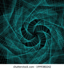 Vector colored spiral. Distorted abstract lines, wireframe tunnel. Spiral star. Radial sound wave. Geometric pattern. Swirl lines and waves banner. Geometric line art. Vector illustration.