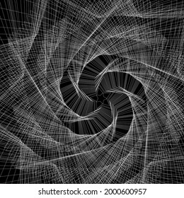 Vector colored spiral. Distorted abstract lines, wireframe tunnel. Spiral star. Radial sound wave. Geometric pattern. Swirl lines and waves banner. Geometric line art. Vector illustration.