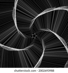 Vector colored spiral. Distorted abstract lines, wireframe tunnel. Spiral star. Radial sound wave. Geometric pattern. Swirl lines and waves banner. Geometric line art. Vector illustration.