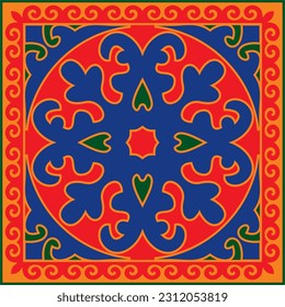 Vector colored square Kazakh national ornament. Ethnic pattern of the peoples of the Great Steppe, Mongols, Kyrgyz, Kalmyks, Buryats.
