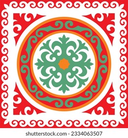 Vector colored square Kazakh national ornament. Ethnic pattern of the peoples of the Great Steppe, Mongols, Kyrgyz, Kalmyks, Buryats.
