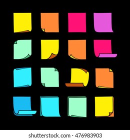 Vector colored stick notes, collection of colorful hand-drawn sheets of note paper with place for your text and message, isolated sticky note with curled corners, EPS 8