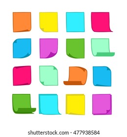 Vector colored stick notes, collection of colorful hand-drawn sheets of note paper with place for your text and message, isolated sticky note with curled corners, EPS 8