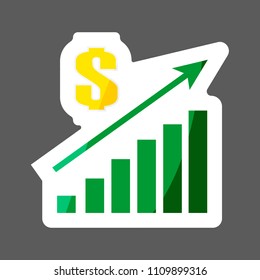 Vector colored sticker image of a chart of financial growth. Finance raising icon, money increase. Sales increase. Layers grouped for easy editing illustration.  For your design. 
