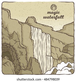 Vector colored stylized antique picture of the waterfall. Mountain landscape in the background of nature and the blue sky. Water and stones. The magical beauty of nature.