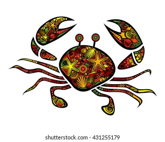 Vector colored stylized Crab isolated on white background for coloring book or coloring page. Adult anti-stress art therapy Crab. Ornamental tribal patterned Crab for poster, print or t-shirt design