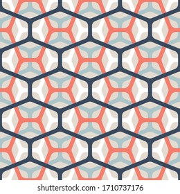 Vector colored subtle hexagon seamless pattern of mesh. Simple delicate intertwined geometric texture. Decorative design element. Cream color background.