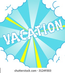 Vector colored symbol on happiness background. Word "Vacation".