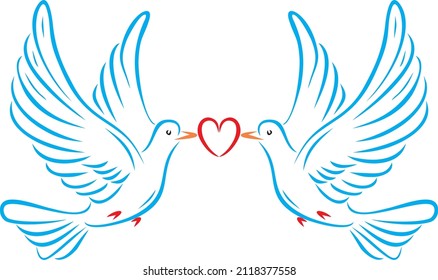 Vector colored two doves with a heart. Love of two birds. Symbol of happiness.

