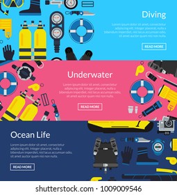 Vector colored underwater diving horizontal banner poster templates collection illustration