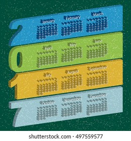 Vector colored volumetric calendar with falling snow. 3D typographic.Week starts on Sunday