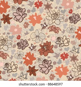 Vector colored wallpaper with beautiful abstract red flowers and birds